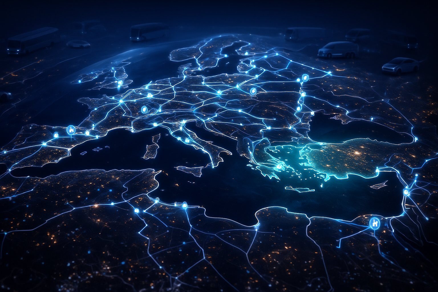 Zero-emission kamioni na evropskom autoputu u zoru, vizuelizacija ACEA Zero-Emission Tracker mapa tranzicije na vozila bez emisija