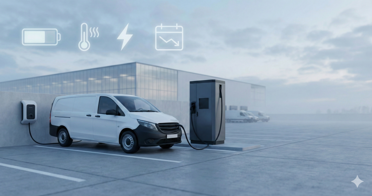 Električni dostavni kombi na punjaču u logističkom depou, uz diskretne ikonice koje sugerišu zdravlje baterije, temperaturu i brzo punjenje.