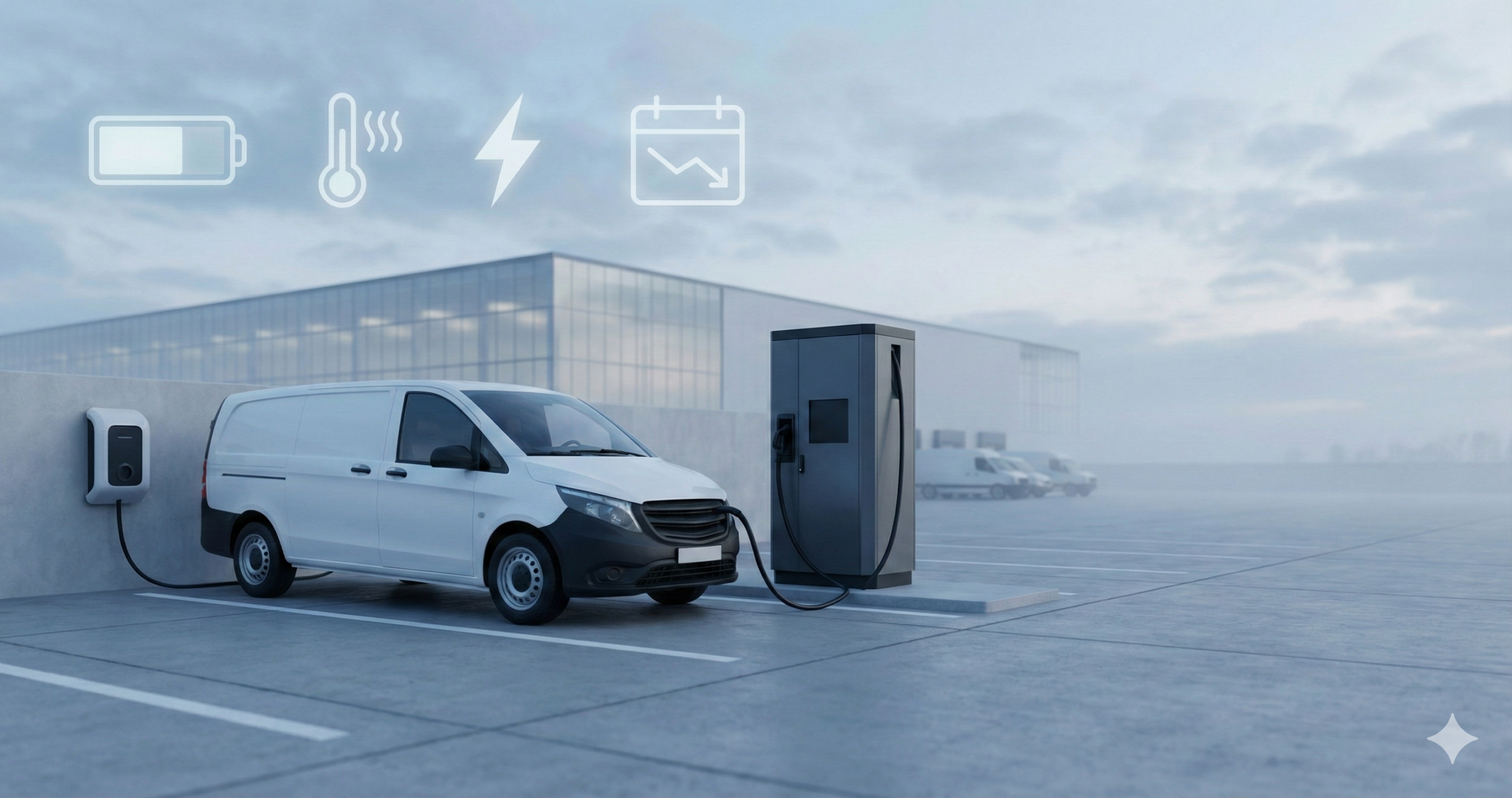 Električni dostavni kombi na punjaču u logističkom depou, uz diskretne ikonice koje sugerišu zdravlje baterije, temperaturu i brzo punjenje.