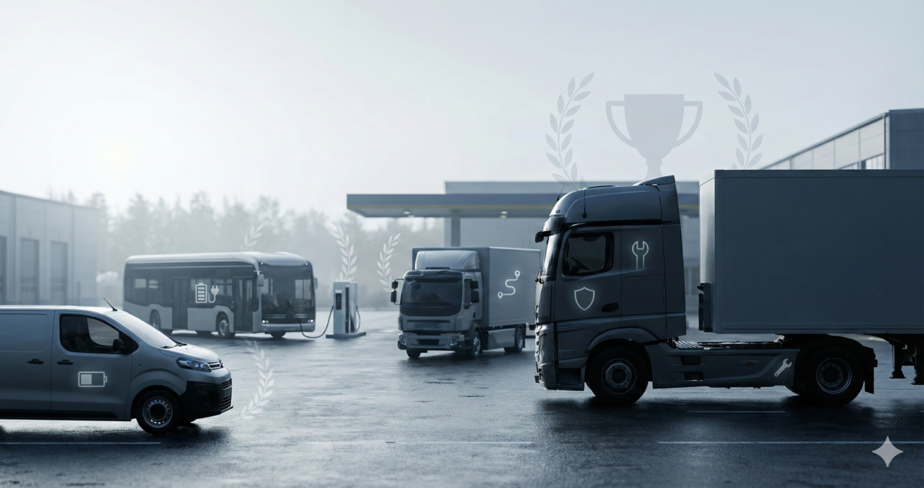 Električni van, električni kamion i električni autobus u premium editorial kompoziciji, sa diskretnim simbolima nagrada i HUD ikonama (punjenje, ruta, bezbednost).