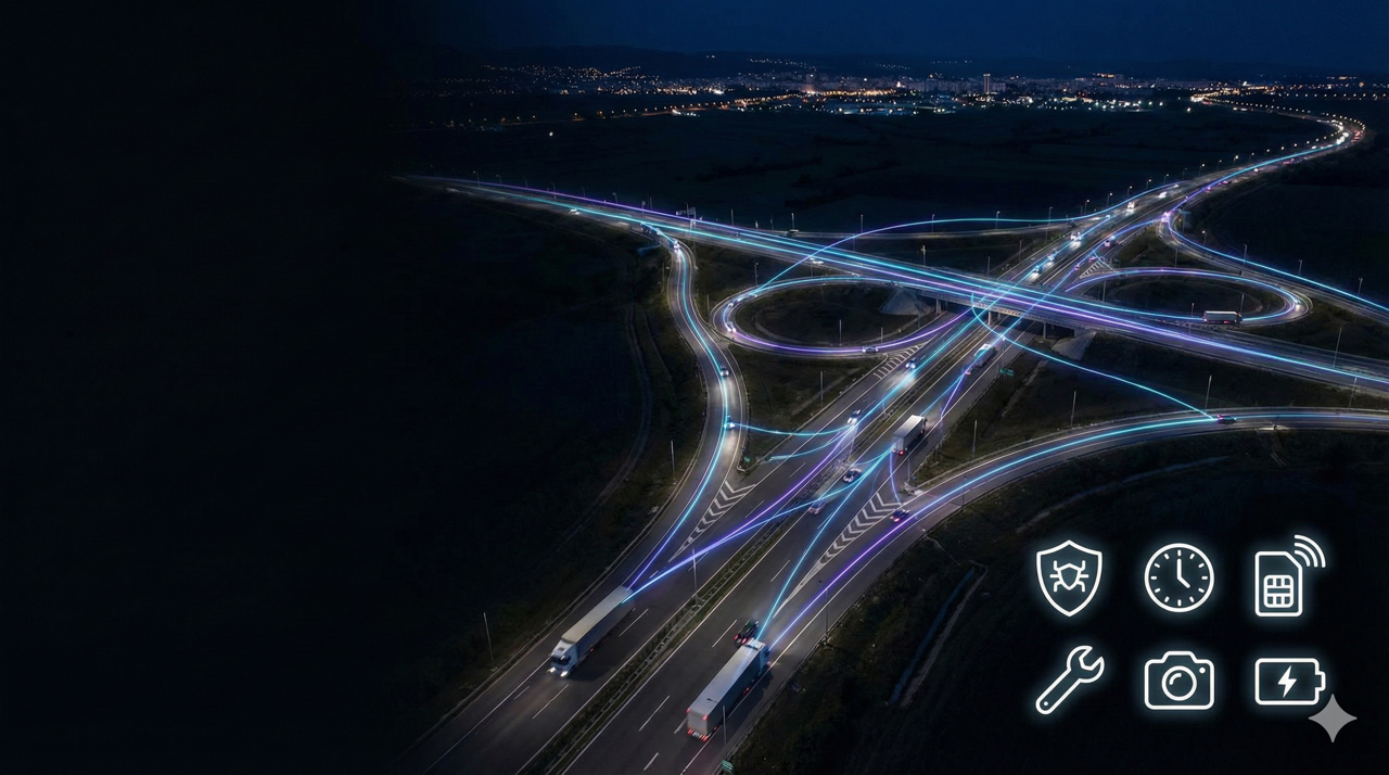 Autoputna mreža u noći sa vizuelnim linijama podataka i ikonama koje predstavljaju telematiku, compliance, roaming, cyber bezbednost i održavanje flote.