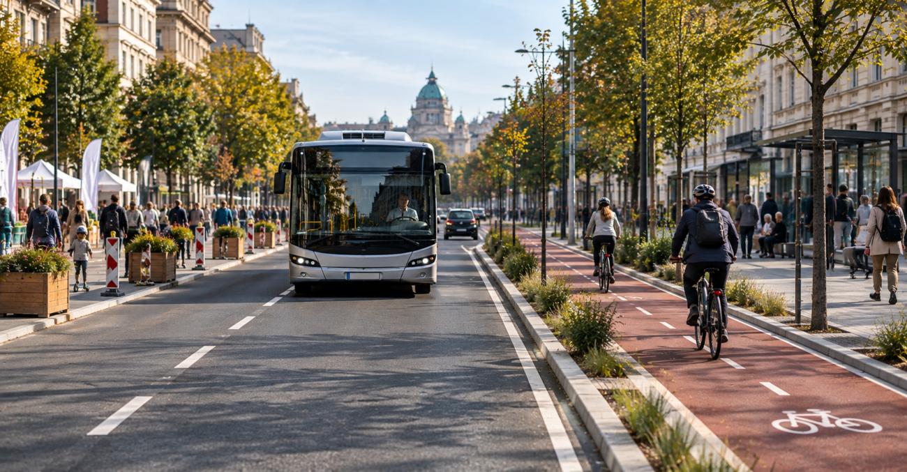 Evropska urbana ulica sa javnim prevozom, biciklistima i pešacima tokom Evropske nedelje mobilnosti 2026.