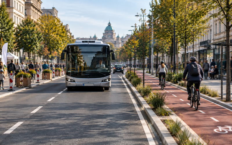 Evropska urbana ulica sa javnim prevozom, biciklistima i pešacima tokom Evropske nedelje mobilnosti 2026.