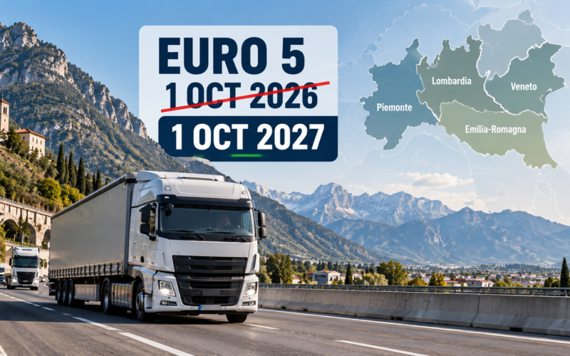 Euro 5 kamion u Italiji uz prikaz promene roka ograničenja sa 1. oktobra 2026. na 1. oktobar 2027.
