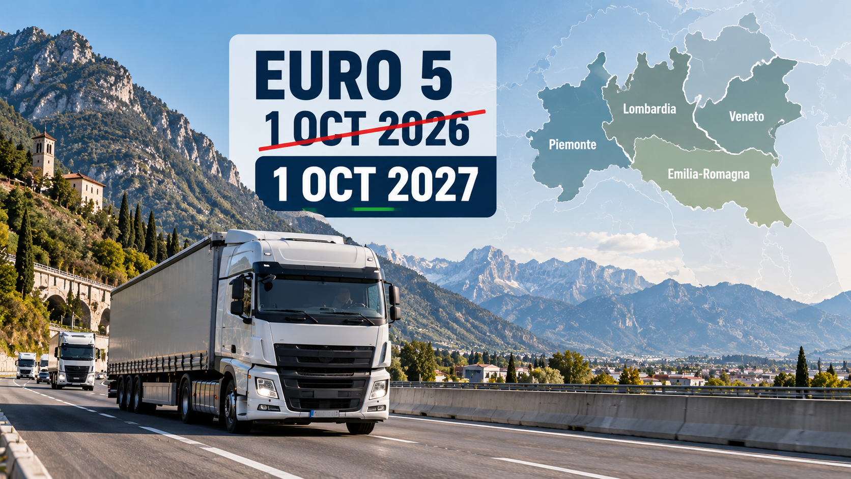 Euro 5 kamion u Italiji uz prikaz promene roka ograničenja sa 1. oktobra 2026. na 1. oktobar 2027.
