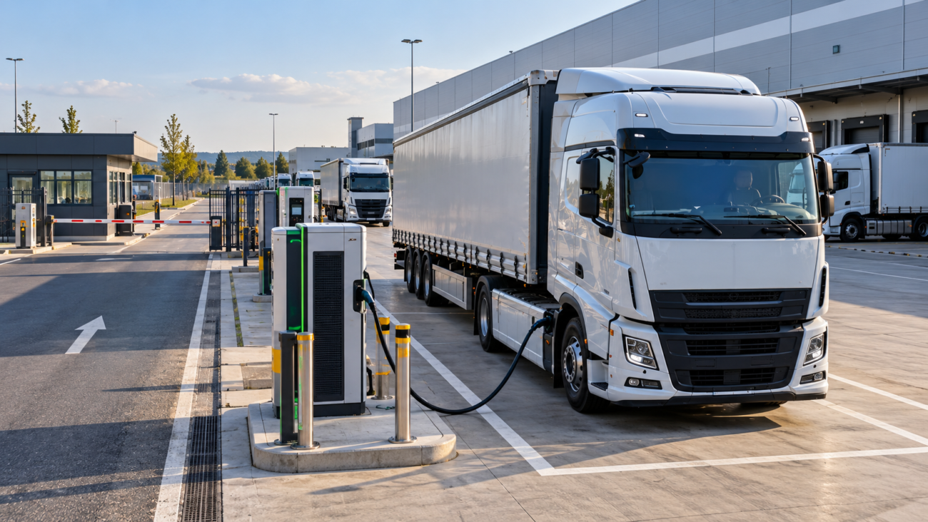 Električni kamion priključen na DC punjač u privatnom logističkom depou sa kontrolisanim pristupom