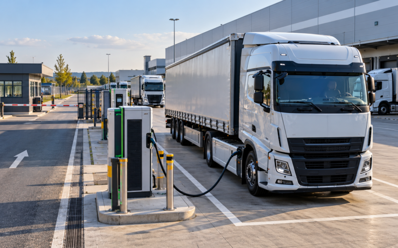 Električni kamion priključen na DC punjač u privatnom logističkom depou sa kontrolisanim pristupom
